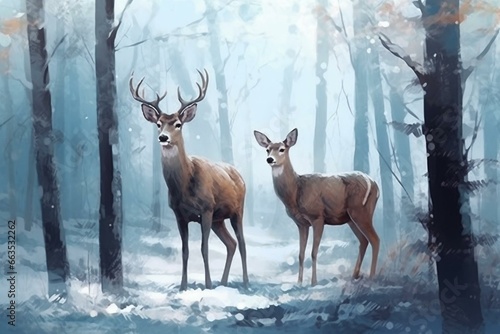 Lovely deer pair in winter forest  enjoying the wildlife ambiance. Digital artwork. Generative AI