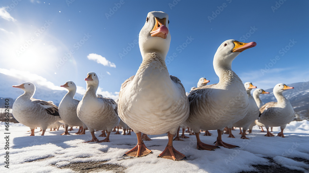 Fototapeta premium a group of geese in nature looking at the camera created with Generative Ai