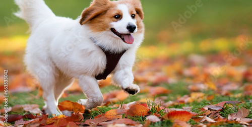 Papier peint funny happy cute smiling pet dog puppy running in the leaves orange red autumn f