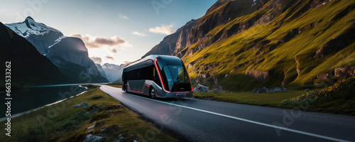 Innovative futuristic transport, high-tech smart self-driving electric vehicle, sustainable green travel, connected smart city concept photo