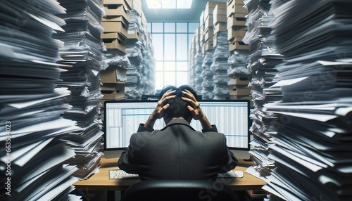 Stressed office worker looking at multiple computer screens with stacks of papers. photo