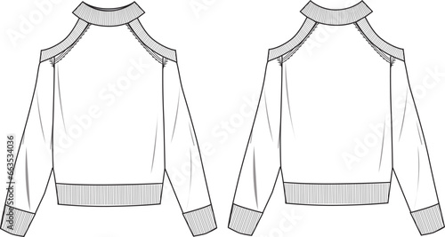 Women's Cut-out Jumper. Technical fashion illustration. Front and back, white colour. Women's CAD mock-up.