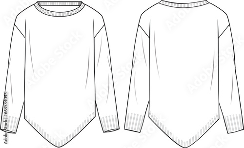 Women's Asymmetrical Hem Jumper. Technical fashion illustration. Front and back, white colour. Women's CAD mock-up.
