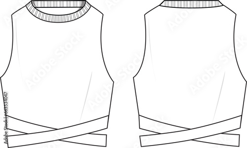 Women's Cut Out Twist Hem  Knit Top- Technical fashion illustration. Front and back, white colour. Women's CAD mock-up.