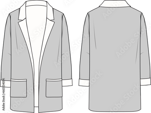 Women's Double Faced, Contrasting Coatigan. Technical fashion illustration. Front and back, white and grey colour. Women's CAD mock-up.