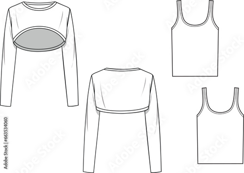 Women's Double Layer Knit Set. Technical fashion illustration. Front and back, white colour. Women's CAD mock-up.