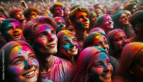 The faces of cheerful people participating in the Holi festival are covered with powder in shades of pink, blue, yellow and green.