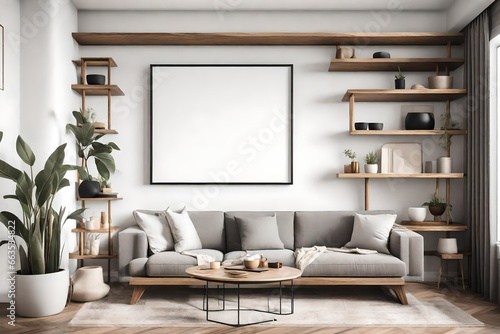 A Canvas Frame for a mockup ensconced in a cozy nook of a modern living room, framed by floating wooden shelves adorned with minimalistic decor