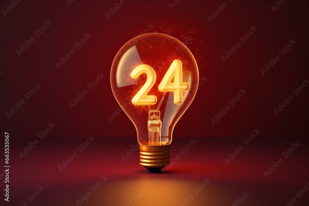 2024 celebration with illuminated bulb. Creative, inspirational, planning concept. Generative AI - obrazy, fototapety, plakaty 