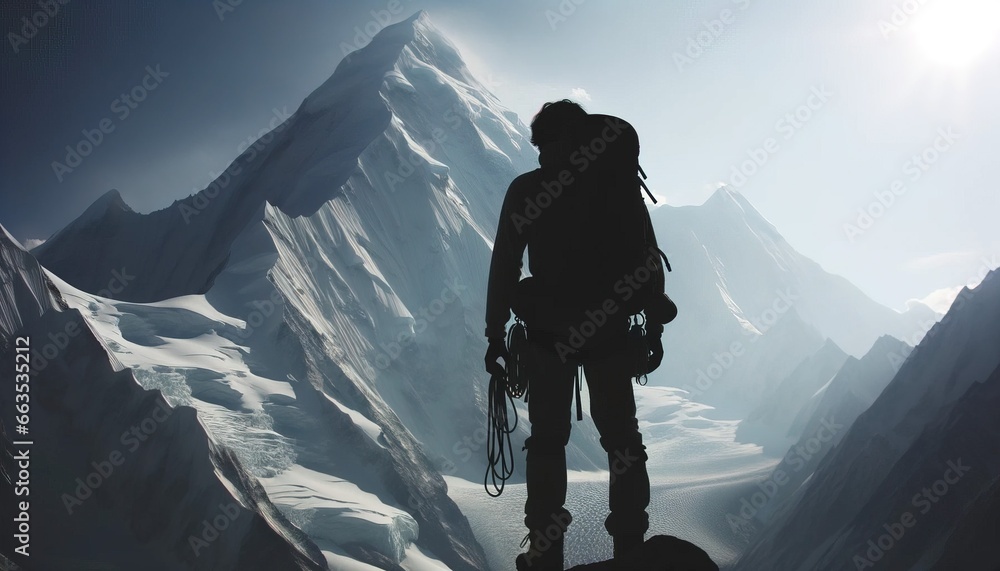 Picture of a climber in front of a high snow-covered peak.