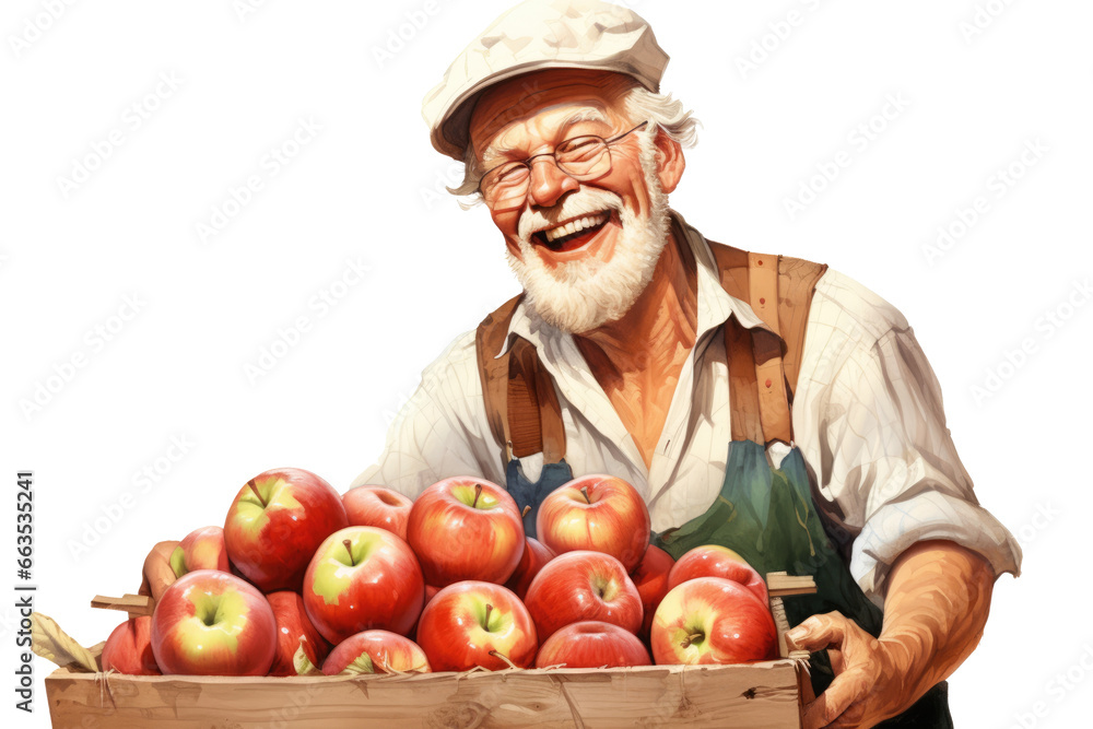 happy old farmer holding wooden crate of fresh apple harvest isolated on transparent white background happy old farmer holding wooden crate of fresh apple harvest isolated on transparent white background