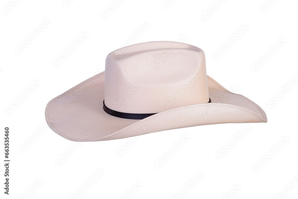 cowboy style hat straw hat with black ribbon isolated on white background, straw hat for women and men head protection - obrazy, fototapety, plakaty 