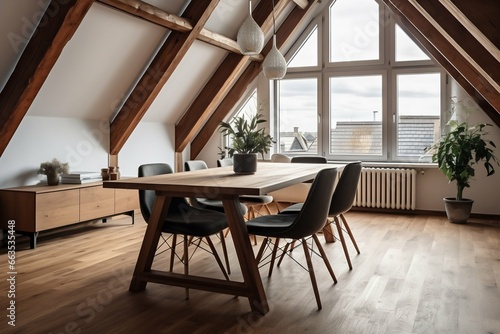Scandinavian Dining Room in Attic with Wooden Beams. Generative ai photo