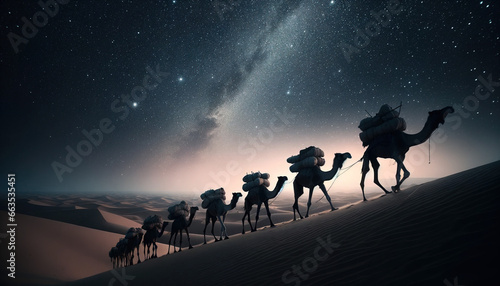 A camel caravan silhouetted against a starry desert sky.