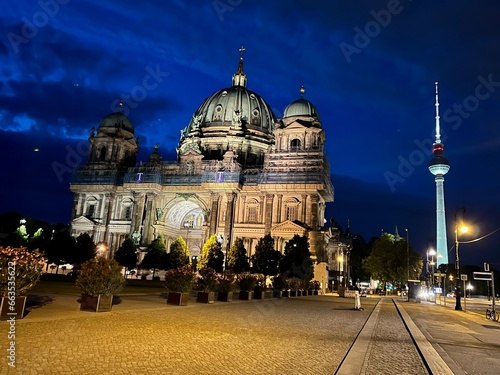 Germany, Berlin - 2022, May: Berlin Cathedral and TV tower at night