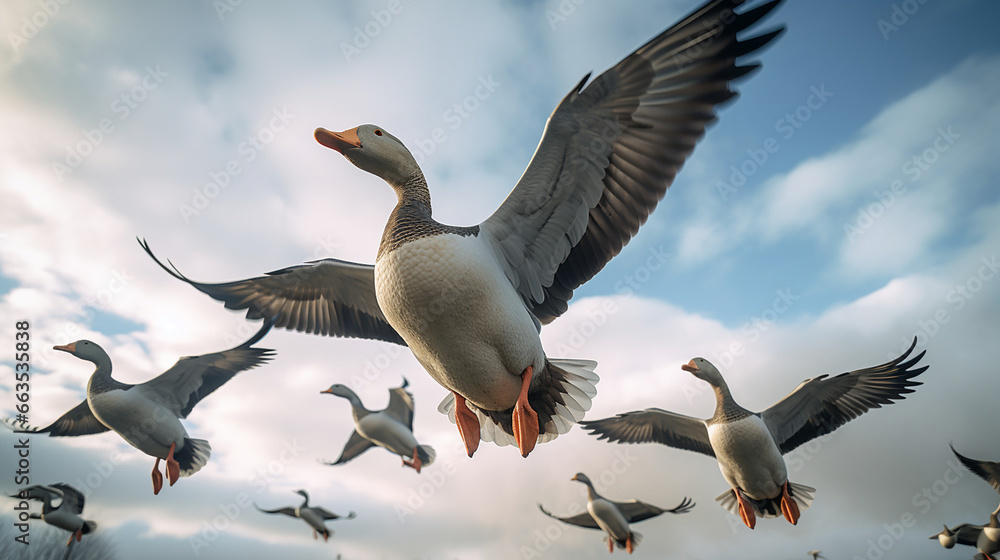 Obraz premium a group of geese flying in nature looking at the camera created with Generative Ai