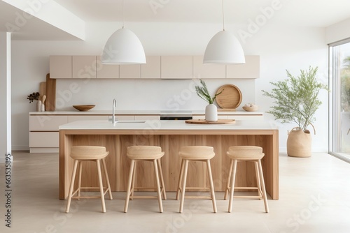 Scandinavian Minimalist Kitchen with Island and Dining Space. Generative ai © Scrudje