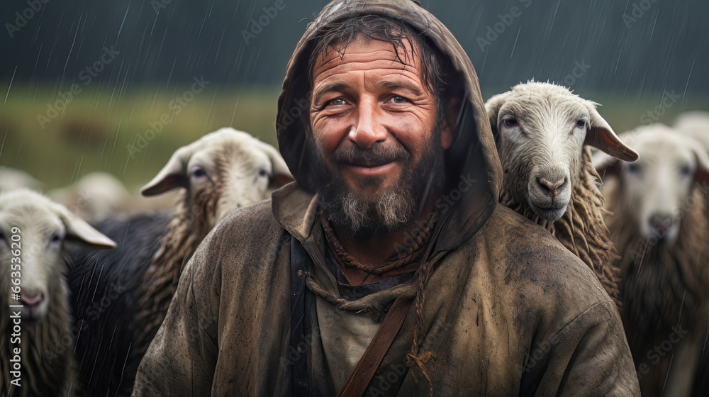 Attractive male shepard with raincoat