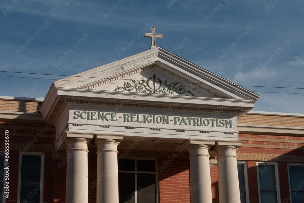 Building Architecture Frieze with Science, Religion, Patriotism and Cross 