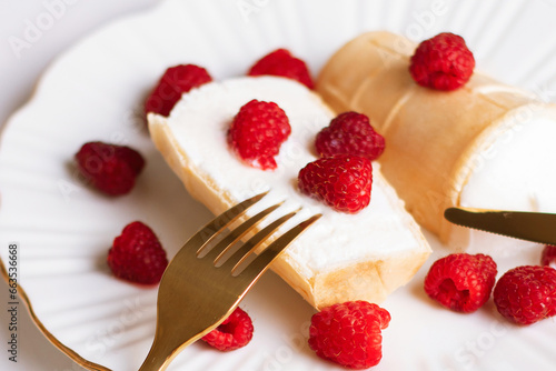 Sweet dessert, ice cream with raspberries on white plate 