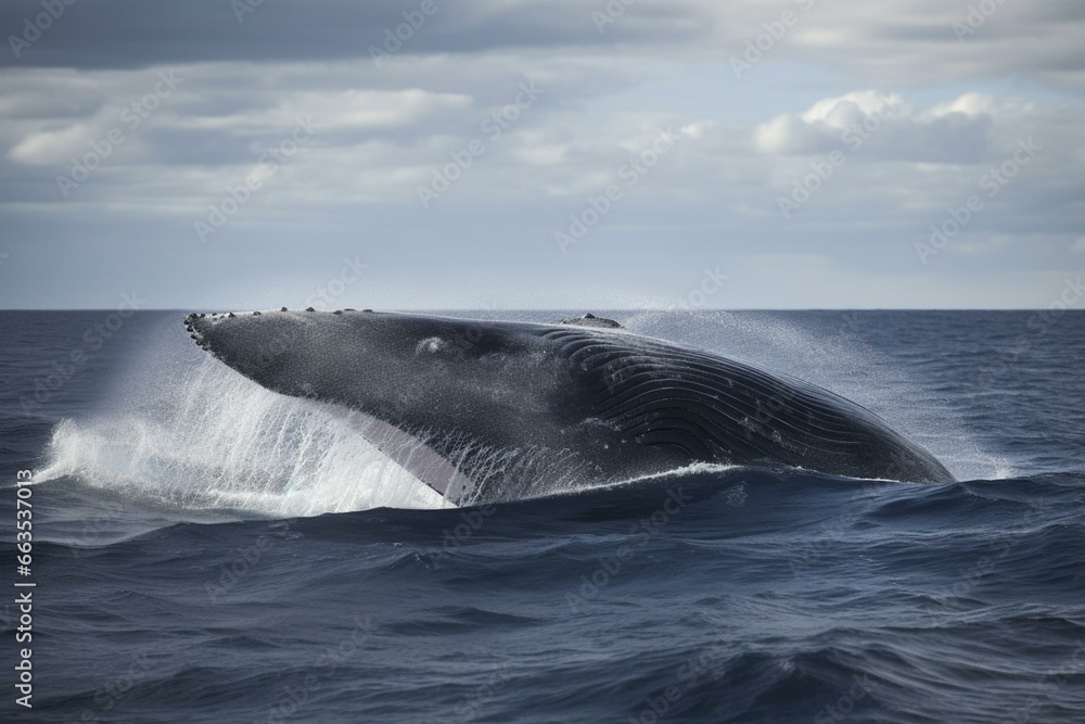 Blue whale leaping ocean surface. Generative AI