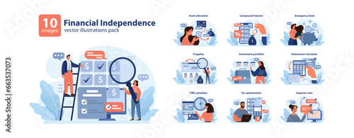 Financial independence, FIRE concept set. Money savings and investment