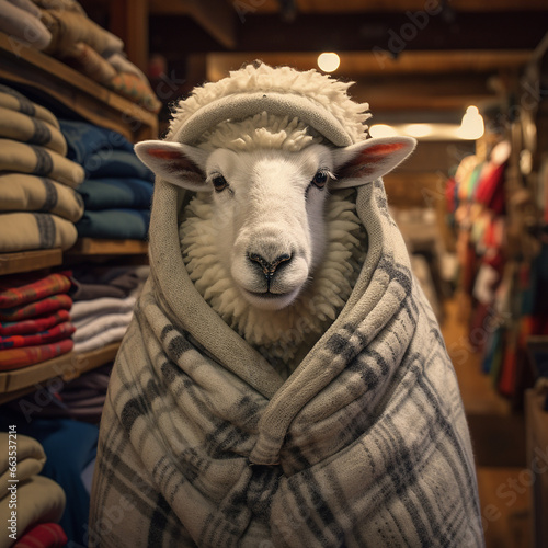 a sheep sits in a comfortable room in a blanket created with Generative Ai © Andrii Yablonskyi