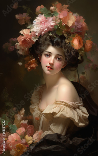 Portrait of a beautiful young woman with a wreath of flowers