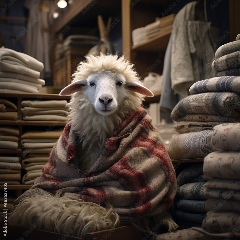 a sheep sits in a comfortable room in a blanket created with Generative Ai