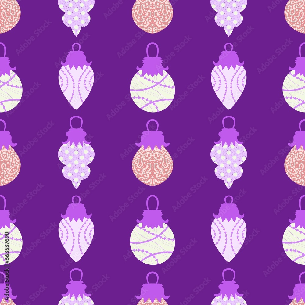 Cartoon winter toys seamless Christmas tree balls pattern for wrapping paper and fabrics and kids clothes print