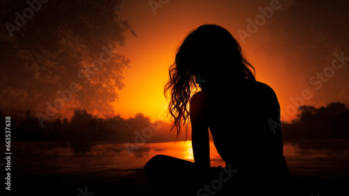 silhouette of a woman with a flame in the background