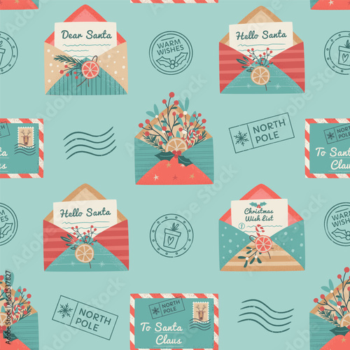 Christmas seamless pattern. Santa mail. X-mas opened and closed  envelopes, decorated with branches and dried lemon slice, seals, postage stamps. Holiday vector background for wrapping paper, textile