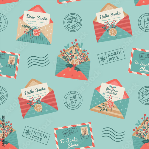 Christmas seamless pattern. Santa mail. X-mas opened and closed  envelopes, decorated with branches and dried lemon slice, seals, postage stamps. Holiday vector background for wrapping paper, textile