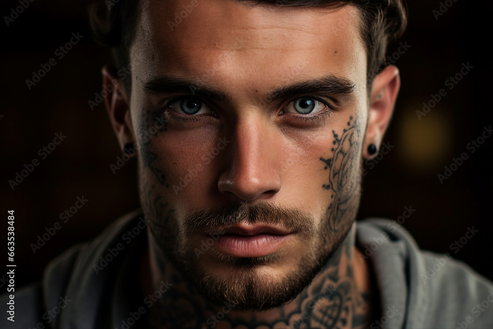 Generative ai close up photo of handsome man with tattoo on head face isolated on dark background Generative ai close up photo of handsome man with tattoo on head face isolated on dark background