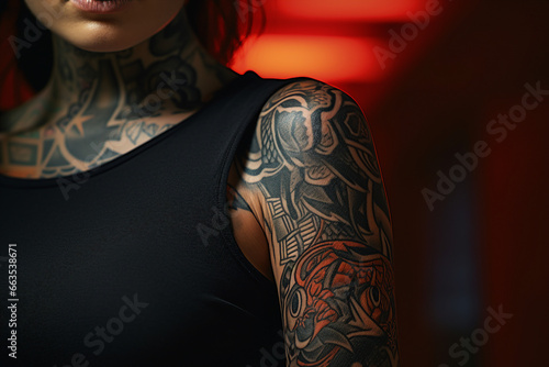 AI generated illustration picture of a young woman covered in tattoos