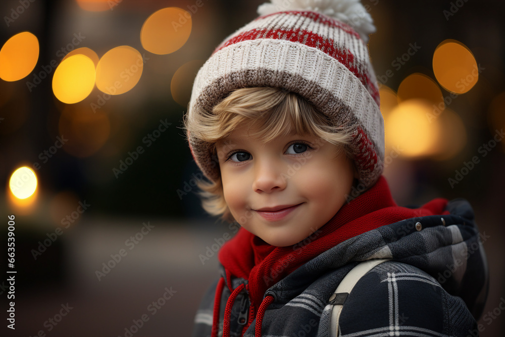 Generative AI image of cheerful cute child celebrating new year on a blurred background of a bright christmas garland Generative AI image of cheerful cute child celebrating new year on a blurred background of a bright christmas garland