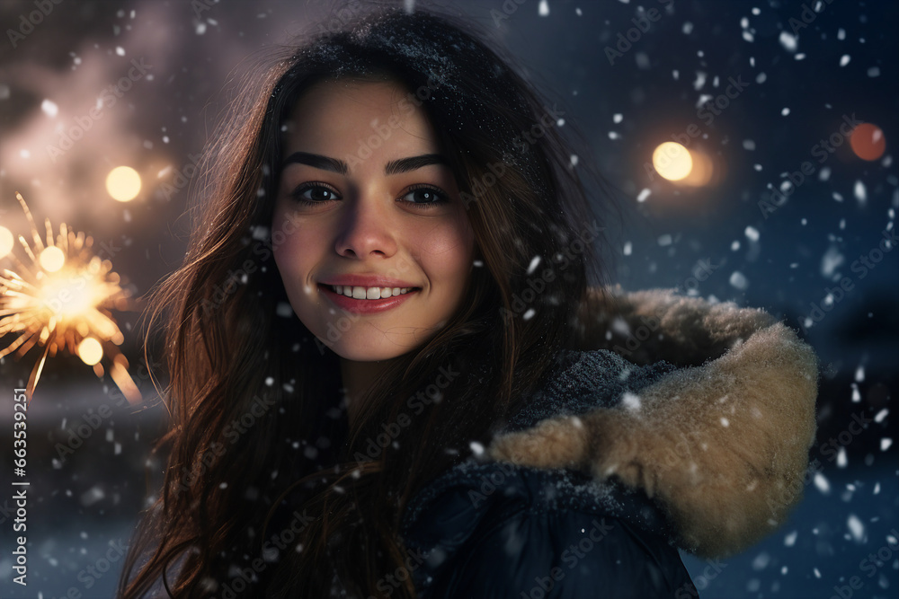 Magic christmas night with snow and fireworks made with Generative AI technology Magic christmas night with snow and fireworks made with Generative AI technology