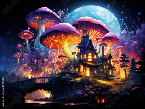 Cartoon Magic Mushrooms  Watercolor Painting  Generative AI