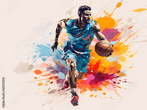 Basketball player running with the ball. Colorful illustration. Silhouette of a running athlete. Olympic Games Paris 2024. Generative AI © Daniel