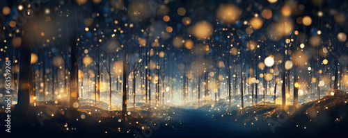 night forest background with snow and gold, blue and gold glitter bokeh effect, luxury, party, celebration, christmas, new year, birthday
