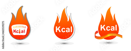 Burning calories. Kilo-Calorie in fire icon. Calorie burning symbol. Fitness icons. Diet symbols. Vector icons eps10