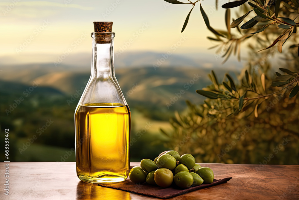 Olive oil bottle and olive fruits on a wooden table under olive tree - AI Generated Olive oil bottle and olive fruits on a wooden table under olive tree - AI Generated