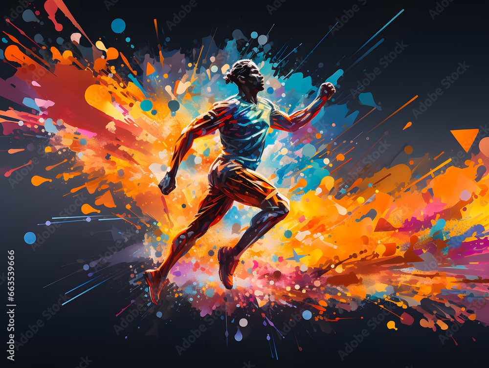 Athletics athlete running. Colorful illustration. Silhouette of a running athlete. Olympic Games Paris 2024.