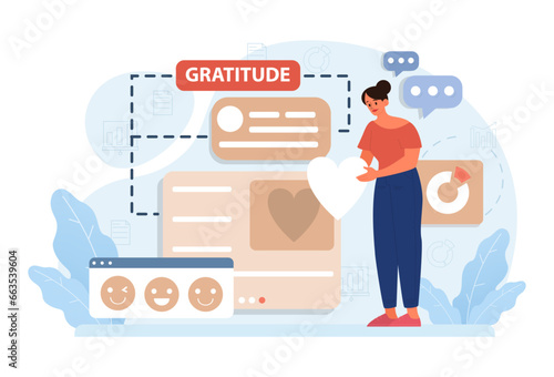 Gratitude. Grateful and thankful character. Woman sharing appreciation