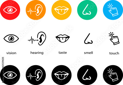 Five senses. Vector illustration containing eye, ear, lips, nose and hand. Black and white and color illustration on a white background.