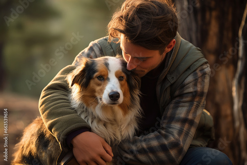 Adult man hugging Australian Shepherd dog - AI Generated