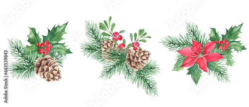 Fototapeta Naklejka Na Ścianę i Meble -  Christmas bouquet set. Pine cone and branches, Holly plant with red berries, poinsettia, cowberry, lingonberry. Symbols of the New year and Christmas. Watercolor hand painted illustration isolated on