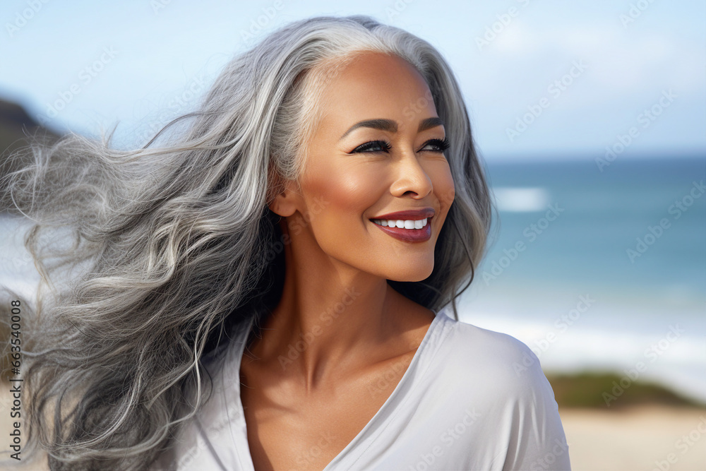 Generative AI photo of a attractive beautiful elderly woman with beautiful long curly hair isolated on blurred background Generative AI photo of a attractive beautiful elderly woman with beautiful long curly hair isolated on blurred background
