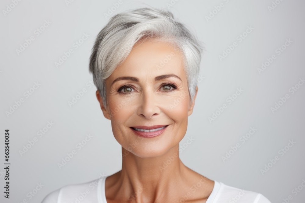 Beautiful mid aged woman portrait on grey background Beautiful mid aged woman portrait on grey background