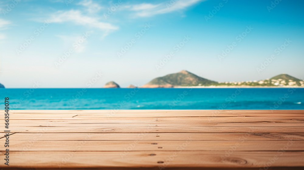 Fototapeta premium wood table top on blurred background of sea and ocean